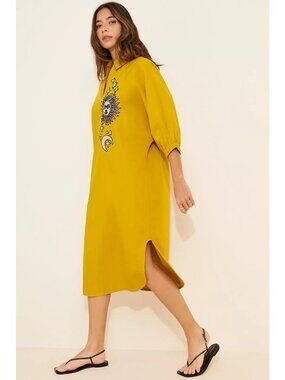 Dhruv Kapoor Collared Batwing Midi Dress Sun Moon Embroidery Cotton Mustard
